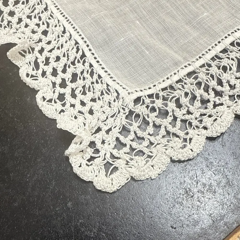 Antique Vintage White Linen Bridal Handkerchief Deep Crochet Lace Fan Border